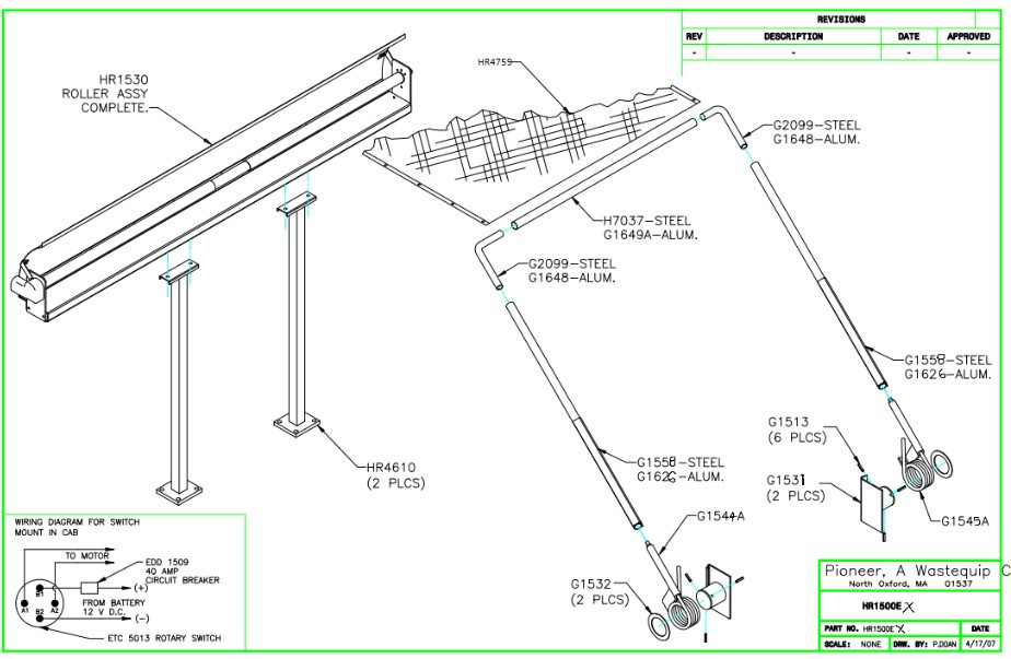 Pioneer HR1500EX Steel Tarper truck tarp system installed on roll-off truck