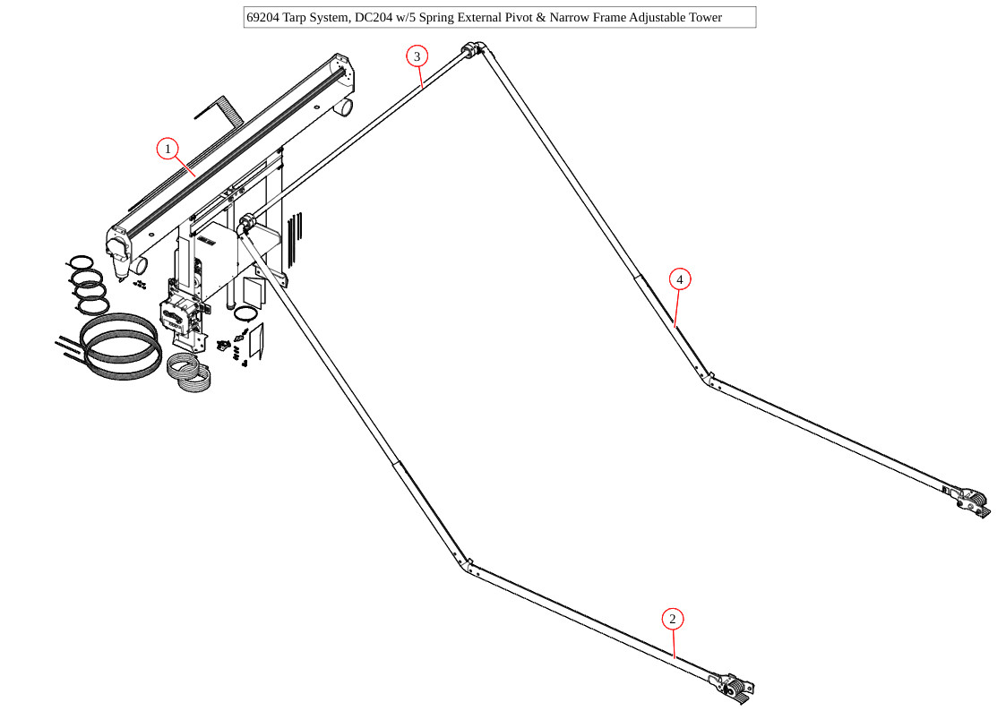 DC204, TM Single Stage Narrow Tower, 5 Spring 84" Ext Pivot, 45° elbows, Wide Bow Set, Fits Smaller Cab Chassis (Ford SuperDuty, Ram & GM)
