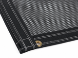 Donovan OX K-PAC Quick Flip 8x28 Mega Mesh Tarp close-up detail showing PVC-coated mesh weave and reinforced double-stitched hem with brass grommet