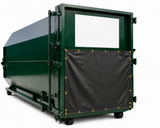 Black vinyl-coated polyester compactor diaper panel with perimeter grommets shown on a compactor box