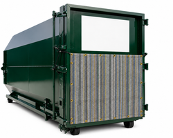 Multicolor mesh packer panel with perimeter grommets shown on a compactor box