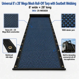 Universal - 8' x 28' Roll-off tarp - hem w/ seatbelt webbing | Mega Mesh