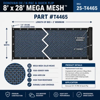 8’ x 28’ Mega Mesh™ (Replacement Tarp), Donovan OX / K-PAC & Quick Flip