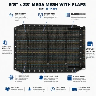 9’ 8” x 28’ Mega Mesh™ Pioneer, w/flaps (Replacement Tarp) | DeBrovys