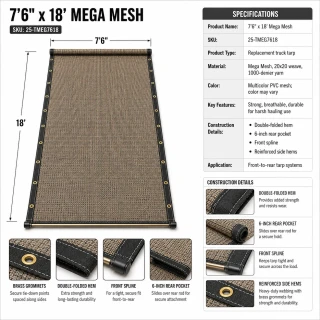 7'6" X 18' F/S Heavy Duty Mega Mesh Dump Truck Tarp