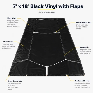 9' X 18' F/S 18 oz. Black Vinyl Dump Truck Tarp, with side flaps and shock cord