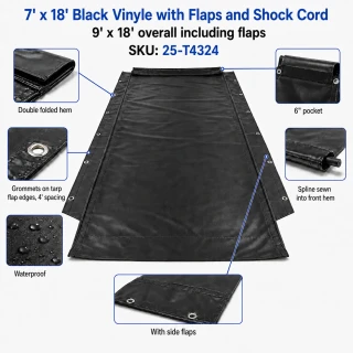 7' x 18', 18 oz. Black Vinyl with Side Flaps and Shock Cord