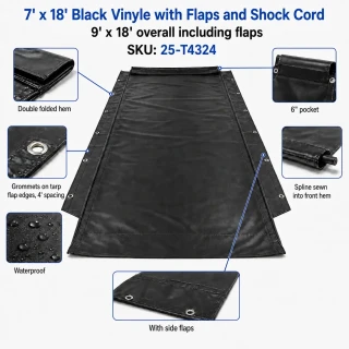 7' x 18', 18 oz. Black Vinyl with Side Flaps and Shock Cord