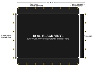 9'6" X 18' F/S 18 oz. Black Vinyl Dump Truck Tarp, with side flaps and shock cord