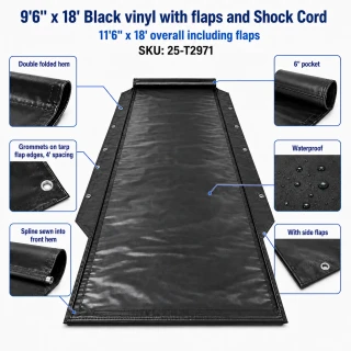 9'6" X 18' F/S 18 oz. Black Vinyl with side flaps and shock cord