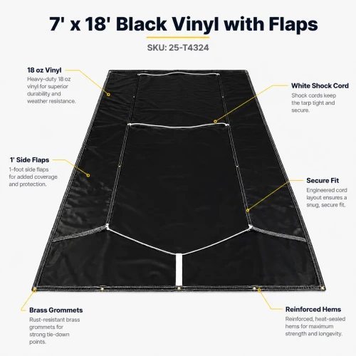 9' X 18' F/S 18 oz. Black Vinyl Dump Truck Tarp, with side flaps and shock cord