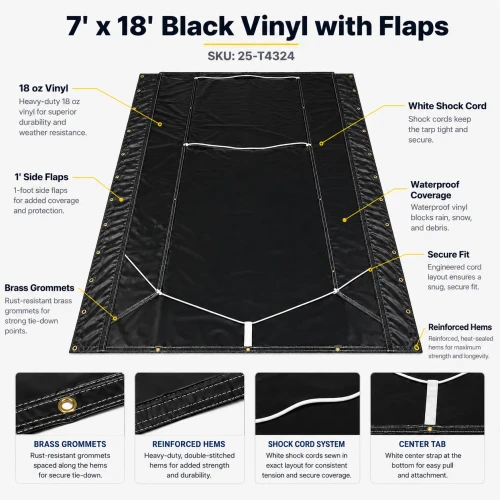 7' x 18', 18 oz. Black Vinyl Dump Truck Tarp with Side Flaps and Shock Cord