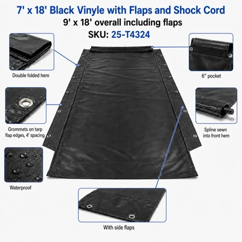7' x 18', 18 oz. Black Vinyl with Side Flaps and Shock Cord