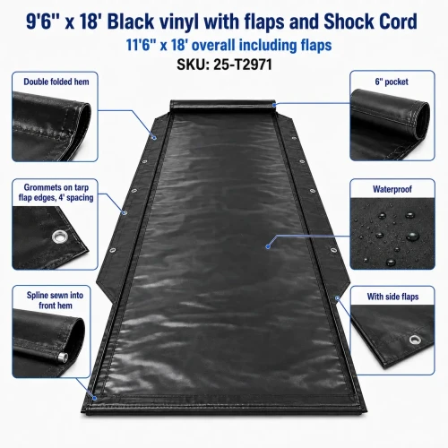 9'6" X 18' F/S 18 oz. Black Vinyl with side flaps and shock cord