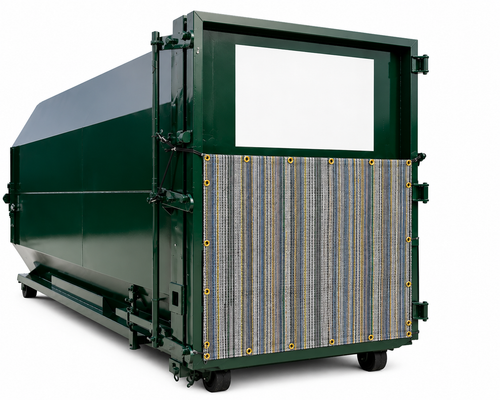 Multicolor mesh packer panel with perimeter grommets shown on a compactor box