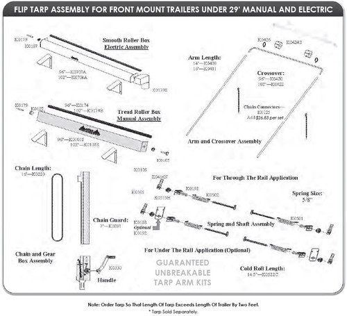 Mountain K614TE Electric Front Mount Tarp System for Dump Trailers 96" wide, 21' - 24' long