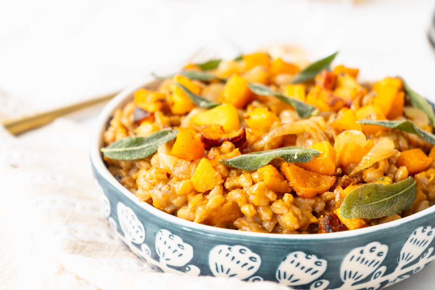 Caramelized Onion Farro Risotto with Butternut Squash and Sage