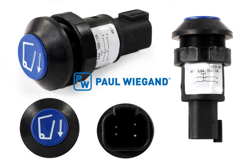 Drucktaster Faun Skylift Bedieneinheit Schüttung "Senken" blau (01170026) Drucktaster Faun Skylift Bedieneinheit Schüttung "Senken" blau (01170026)