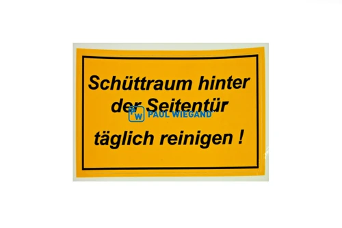 Aufkleber HS Fahrzeugbau Seitenlader "Schüttraum hinter der Seitentür täglich reinigen" l: 95 b: 60 (05017234)
