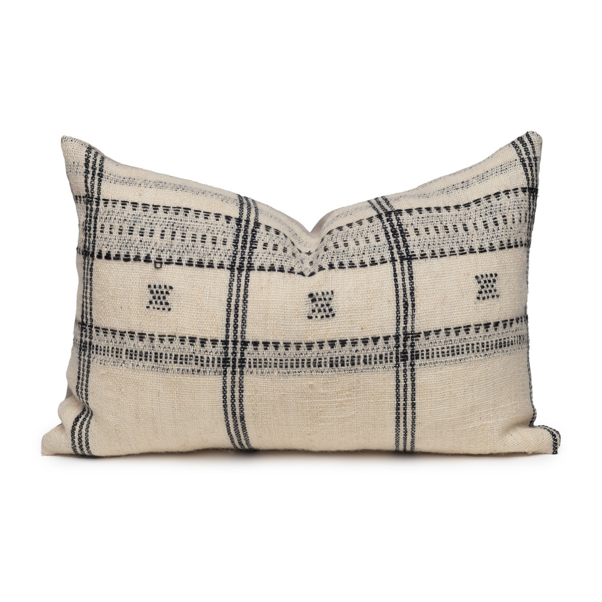 Knox Lumbar Pillow in Black & Ivory, Hand Loomed Indian Wool-1420- Front View 