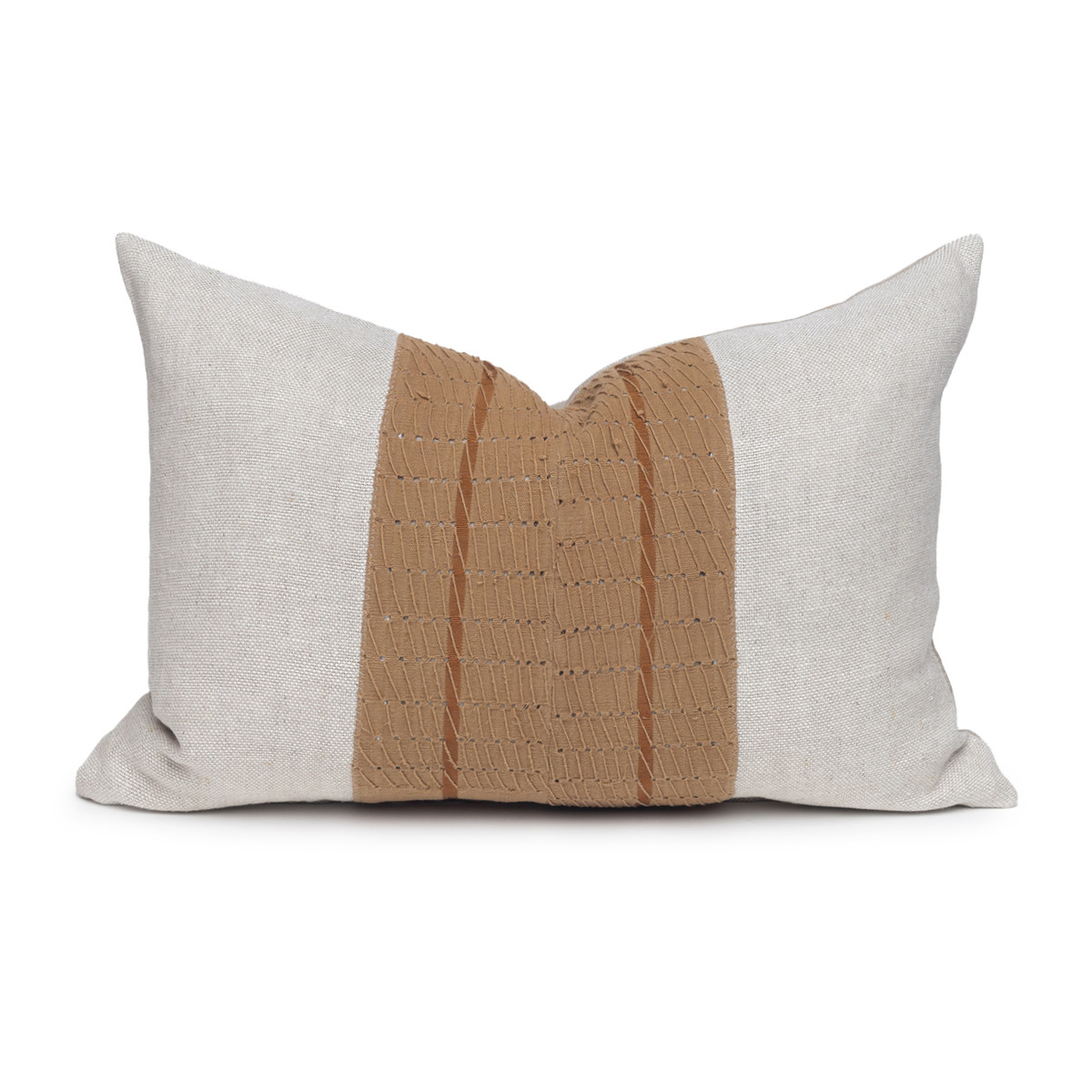 Davina Natural Linen and Aso Oke Lumbar Pillow - 1420- Front View