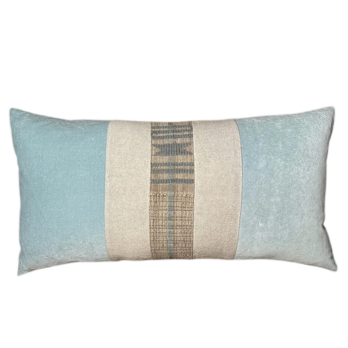 Capri 1427 - Aqua Velvet -  Natural Pure linen lumbar Pillow - Front