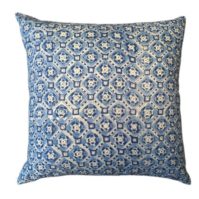 Diamont 20 x 20 Cotton Blue and White Block Print Pillow - Front