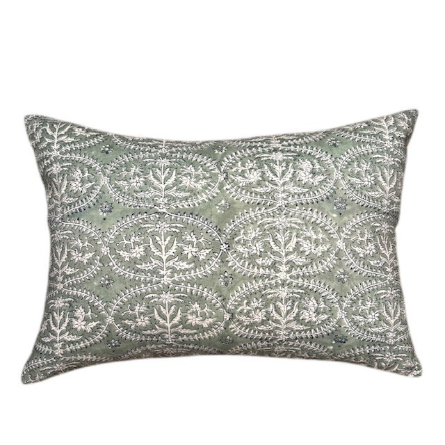 Gardino Lumbar 14 x 20 Cotton Seafoam and White Block Print Pillow - Front