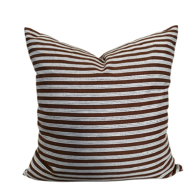 Lina 20 x 20 - Brown and White Cotton Block Print Stripe Pillow - Front