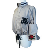 Jacquette - Anchors Away - 101  - Vintage Grey Oxford Cloth button down shirt with crossed Anchors on Pocket - side view