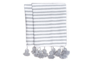 Gray and White Cabana Cotton Stripe Moroccan Pom Pom Throw Blanket