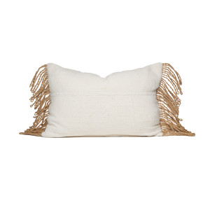 Seagrass Lumbar Pillow - White Mudcloth and raffia fringe - 14 x 20 - Front