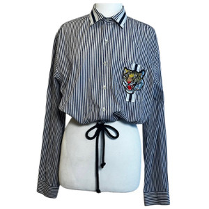 Jacquette - Paper Tiger - 101  - Vintage Navy and White Stripe button down with Tiger on Pocket