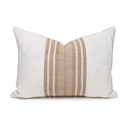 Field Lumbar Pillow - Aso Oke Natural Linen Pillow with White Mud Cloth- 1622 - Front View