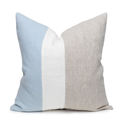 Hampton French Blue, White Mud Cloth, Natural Linen Pillow - 22 -Front View