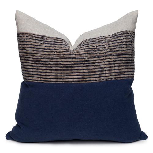 Nora Luxe Vintage Pillow with African Aso Oke Textiles and Linen in Natural & Navy-22- Front VIEW