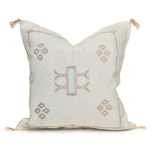 Sakken Pillow 20 - Gray Sabra with tan and Aqua embroidery details  - front