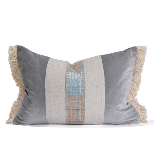 Clara Luxe Vintage Pillow with African Aso Oke Textiles and 100% Eco-friendly Topanga linen in Natural & Cotton Velvet- 1622 - Front 