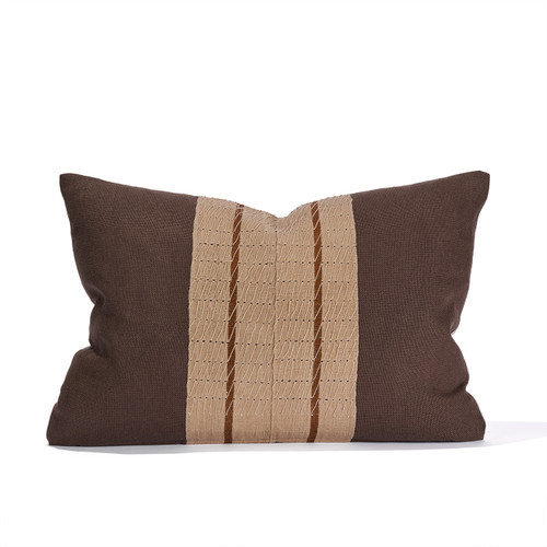 Jade Lumbar Pillow - Espresso Linen and Aso Oke Lumbar Pillow - 1622 - Front