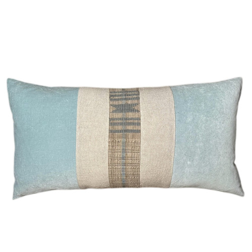 Capri 1427 - Aqua Velvet -  Natural Pure linen lumbar Pillow - Front