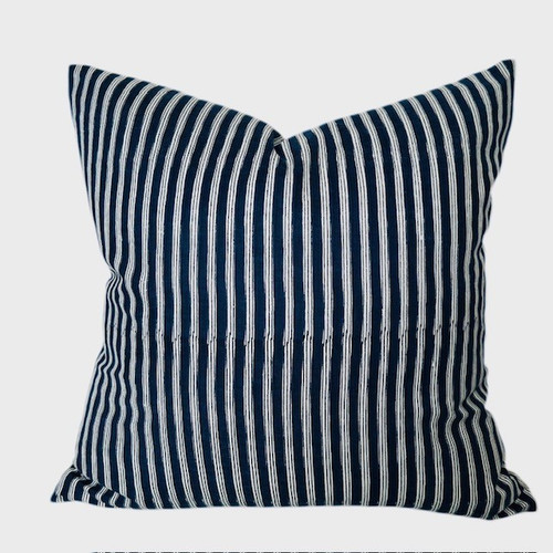 Navy 20 x 20 Cotton Stripe Block Print Pillow -  - Front