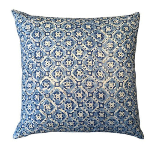 Diamont 20 x 20 Cotton Blue and White Block Print Pillow - Front