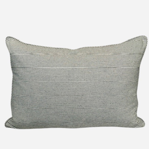 Piper Dutch Euro 26 x 36  Blue & Ivory Woven Cotton Stripe Pillow - Pure Natural Linen Back - Front