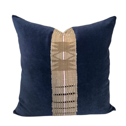 Rome Pillow 22 - Navy Cotton Velvet, Natural Linen and Luxe Vintage Textiles : Front