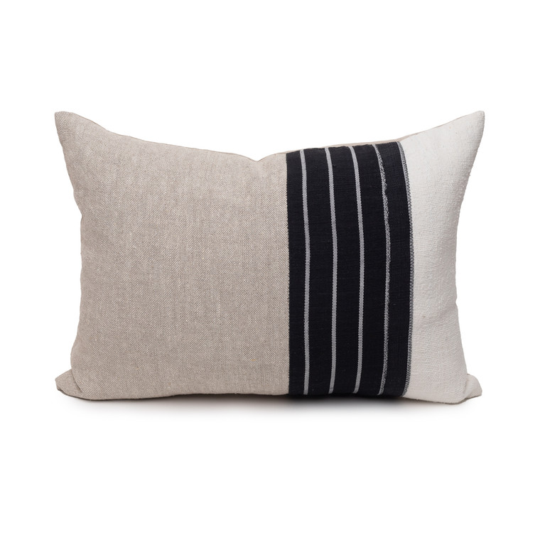 Mojave Natural Linen Noir Aso Oke Luxe Vintage Lumbar Pillow - 16 x 22 - Front