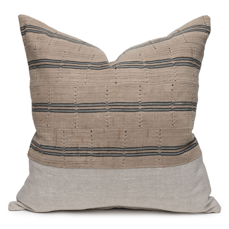 Bristol Blue Luxe Vintage Pillow with African Aso Oke Textiles and 100% Eco-friendly Topanga linen in Natural- 22- Front View