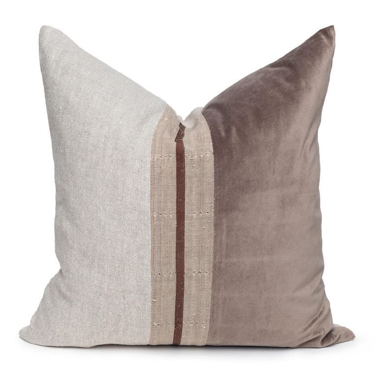 Neve Luxe Vintage Pillow with African Aso Oke Textiles and 100% Eco-friendly Topanga linen in Natural & Cotton Velvet- 22- Front View
