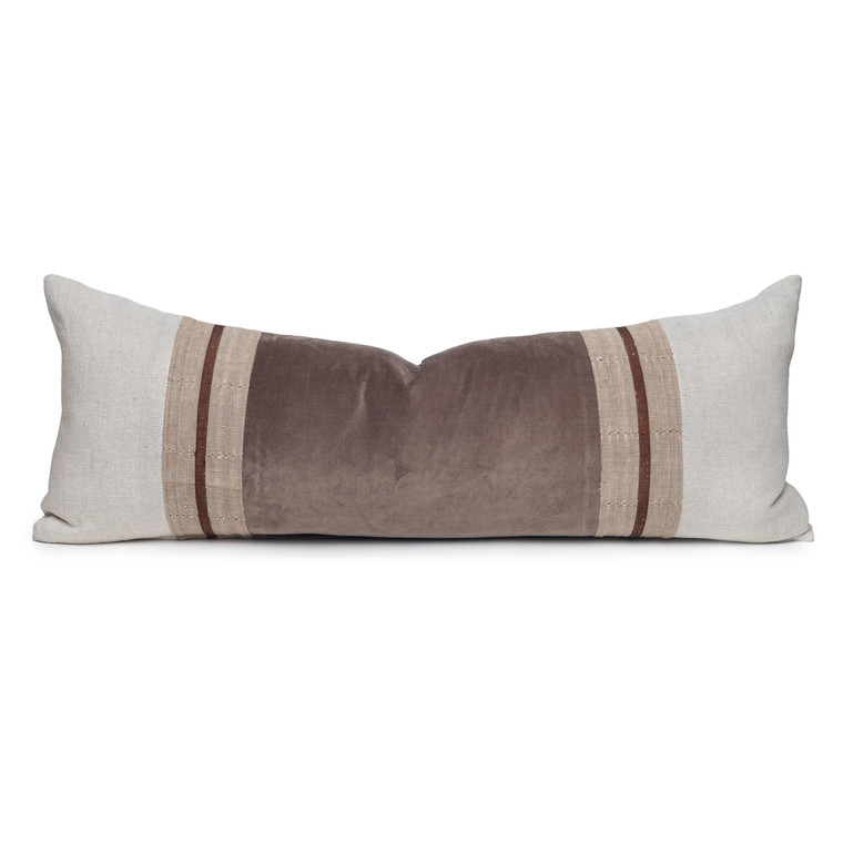 Neve Natural Linen and Aso Oke Lumbar Pillow with Velvet in Moonstone- 14 x 36- Front View
