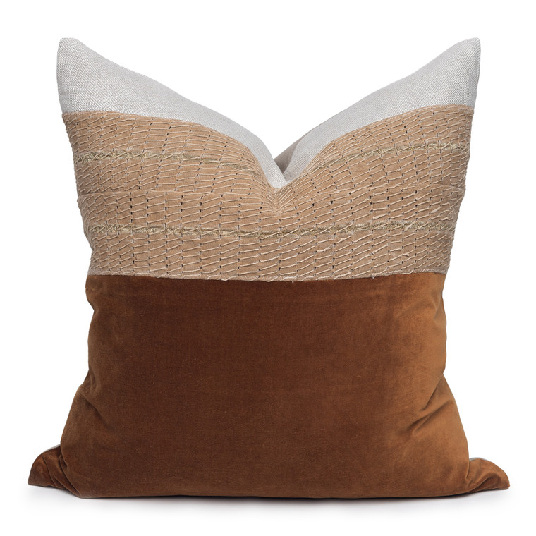 Scarlet Luxe Vintage Pillow with African Aso Oke Textiles and 100% Eco-friendly Topanga linen in Natural & Cotton Velvet- 22- Front View