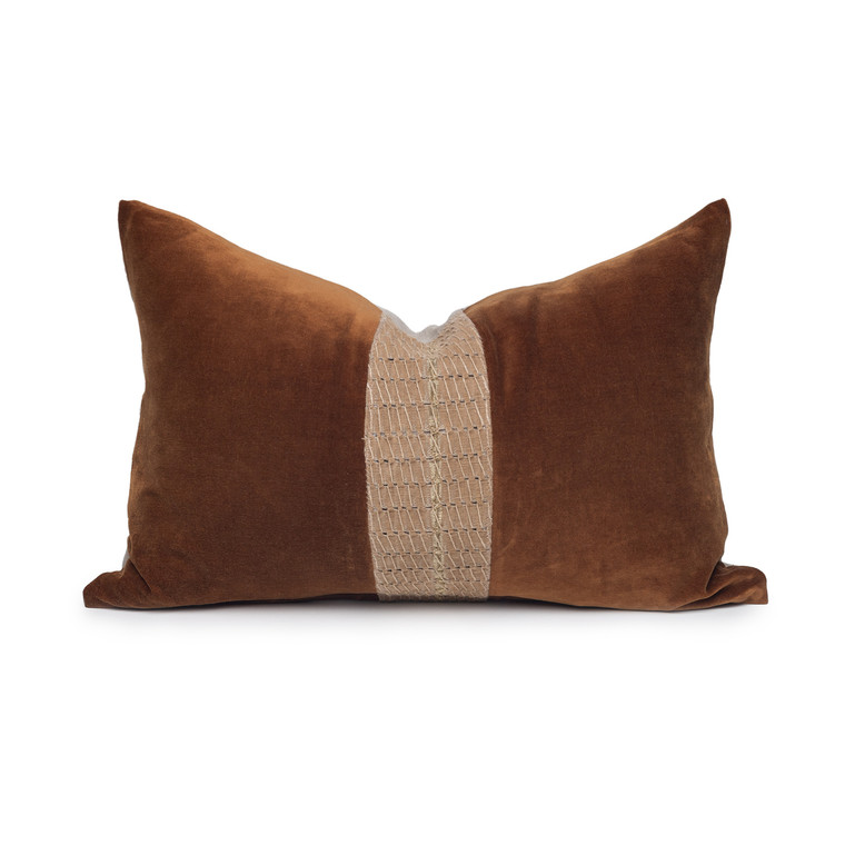 Scarlet Luxe Vintage Pillow with African Aso Oke Textiles and 100% Eco-friendly Topanga linen in Natural & Cotton Velvet- 1420- Front View